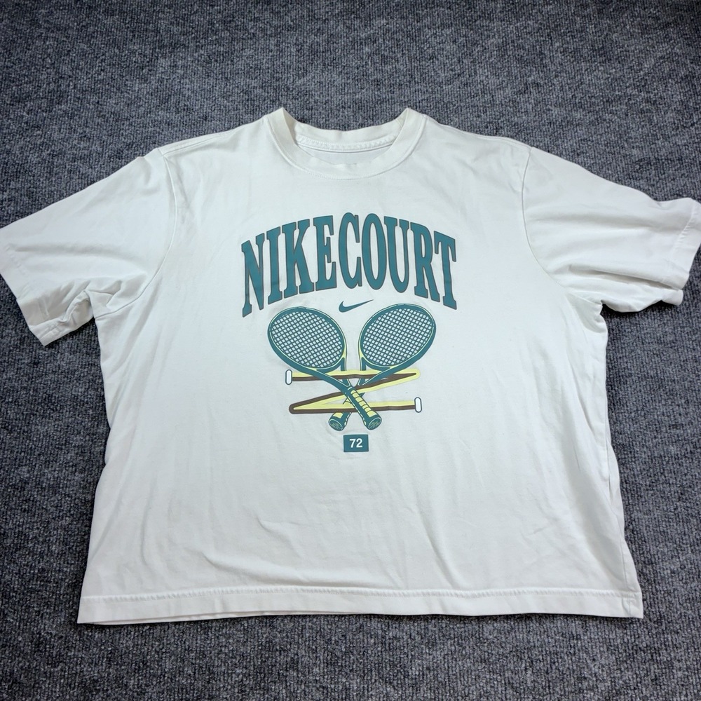 NikeCourt Tennis T Shirt Womens Medium Loose Fit Nike Tee Racquet Graphic White